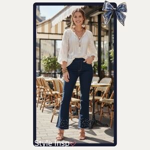 LISETTE Flared Blue Jeans w/ stud & frayed hem